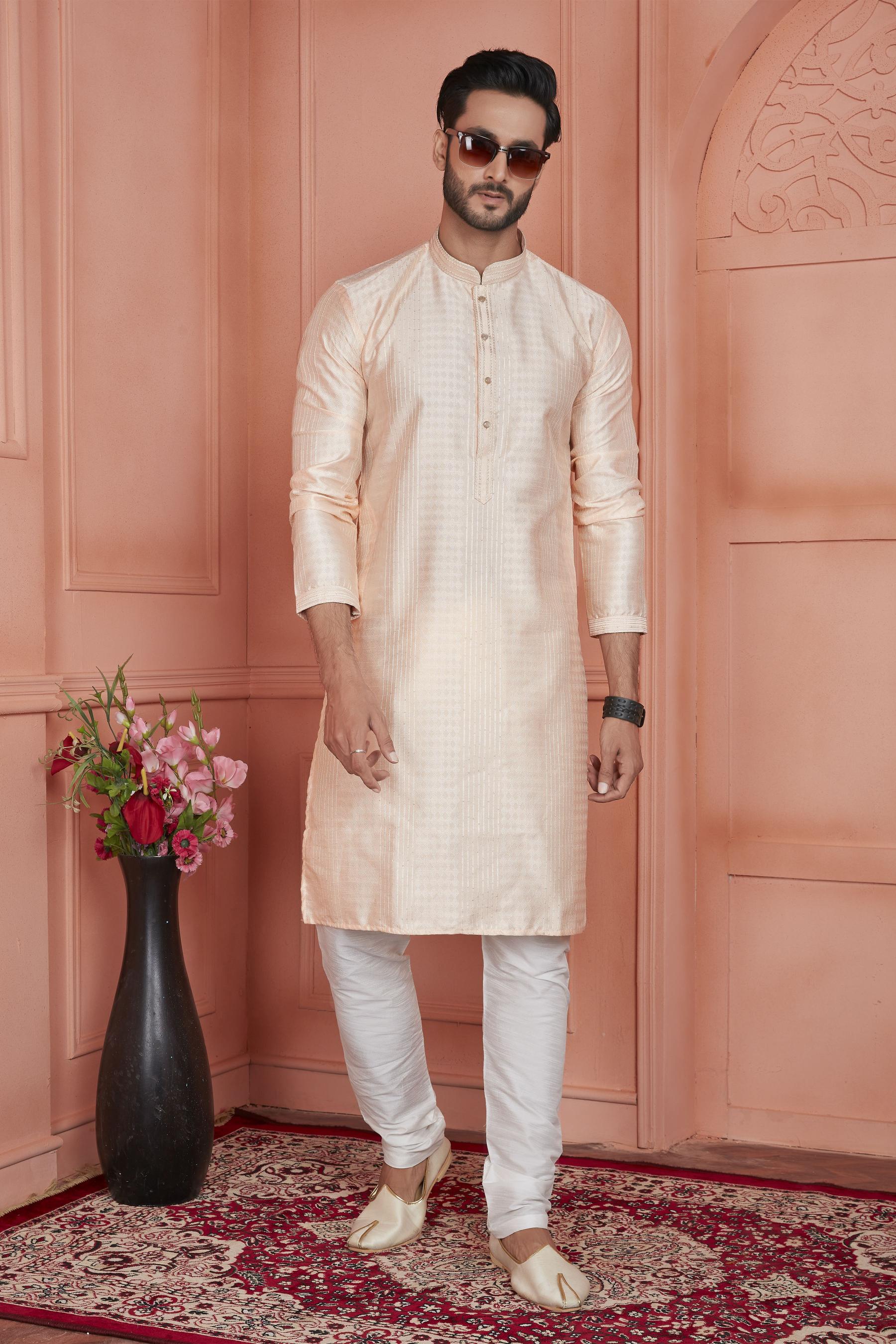 Peach Jacquard Silk Embroidered Kurta Pyjama — alternate view