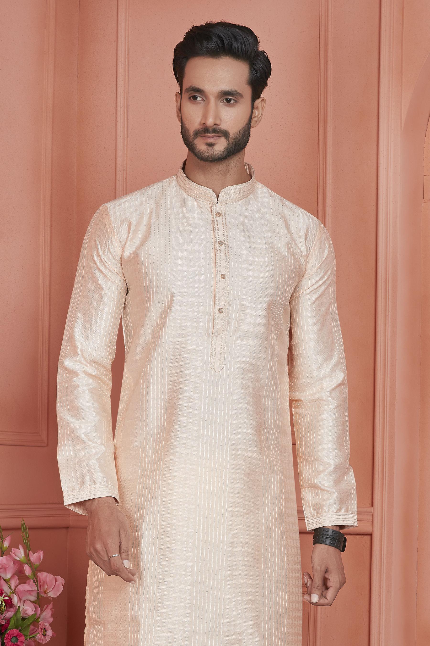 Peach Jacquard Silk Embroidered Kurta Pyjama