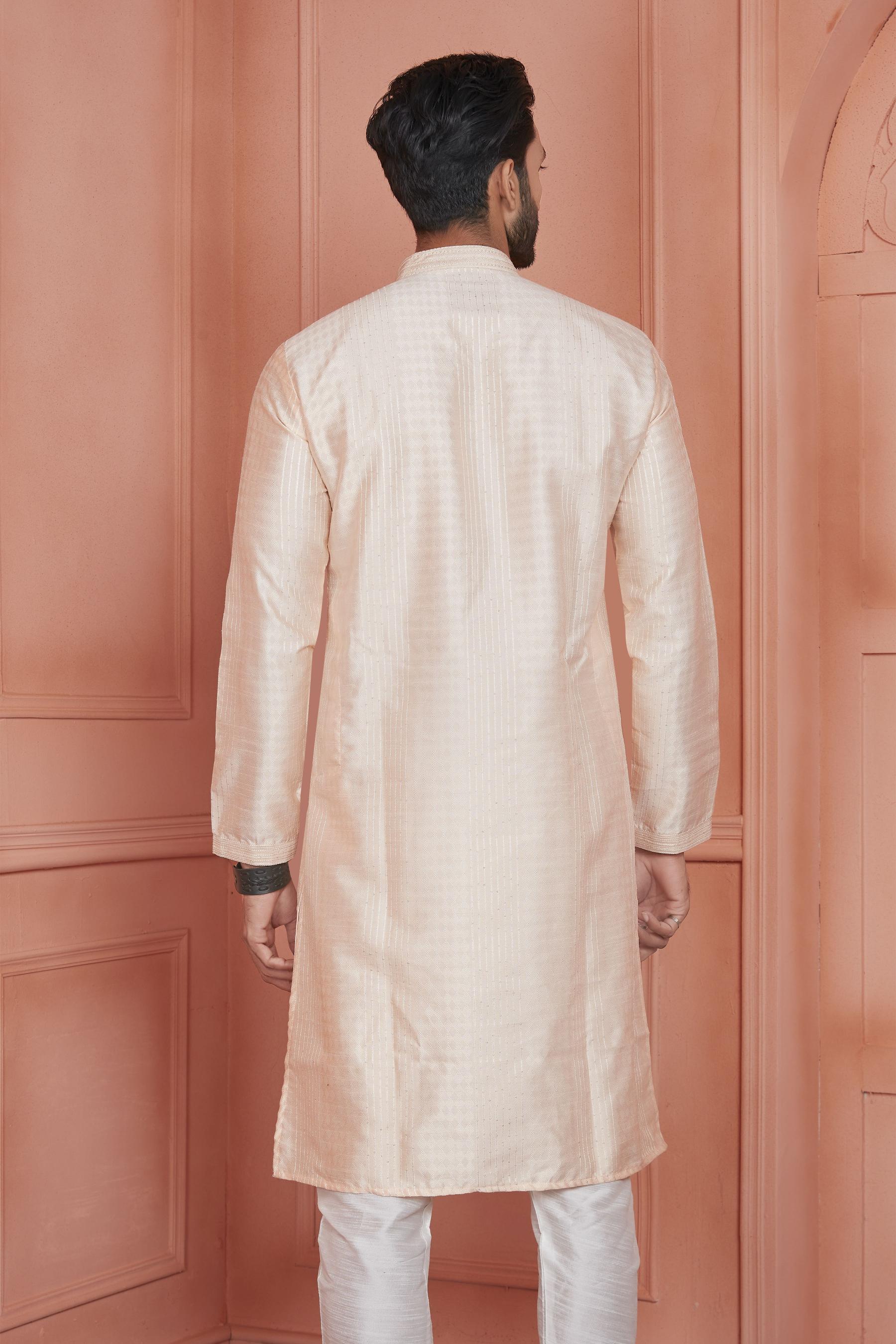 Peach Jacquard Silk Embroidered Kurta Pyjama