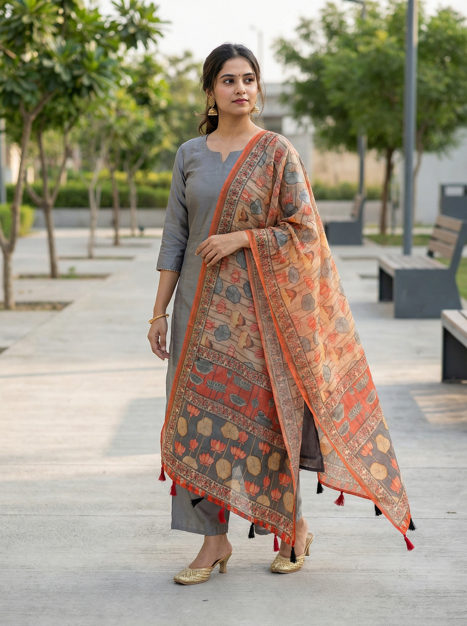Peach Kalamkari Heritage Linen Silk Designer Dupatta