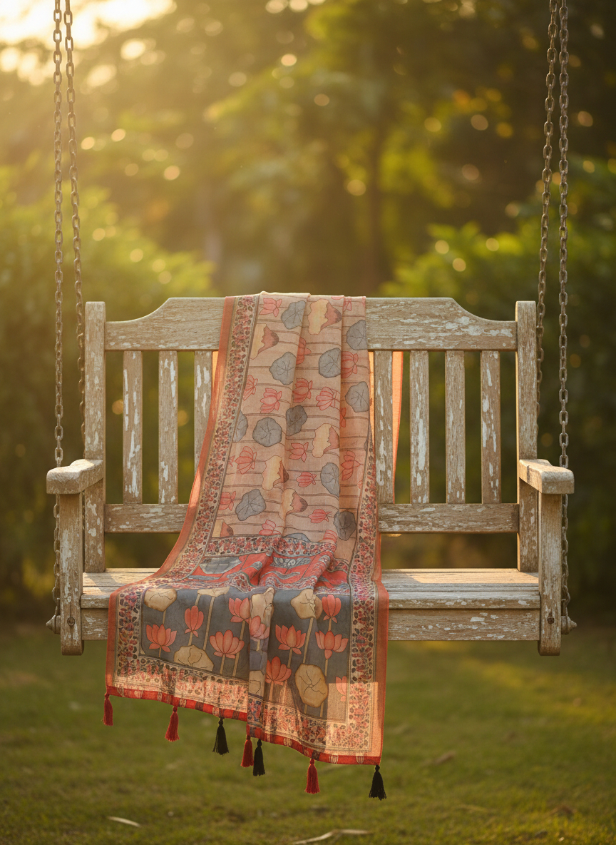 Peach Kalamkari Heritage Linen Silk Designer Dupatta — alternate view