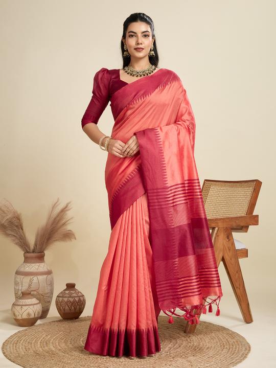 Peach Khadi Raw Silk Saree
