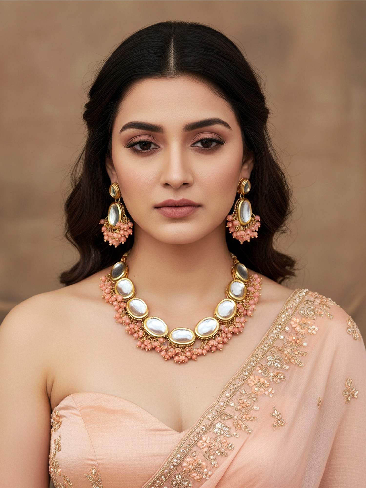 Peach Kundan Beaded Necklace Set