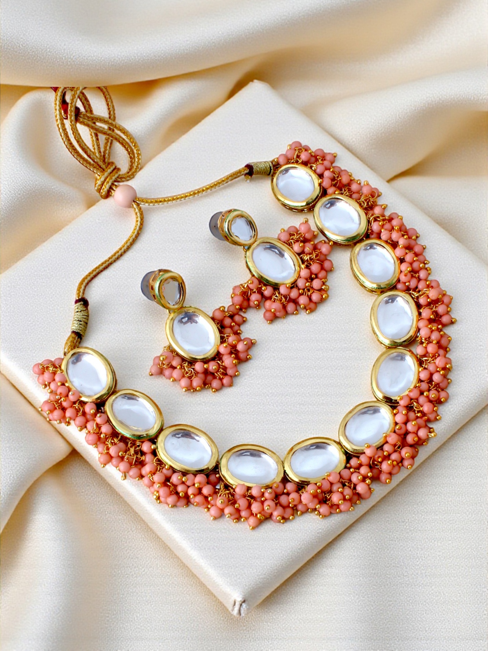 Peach Kundan Beaded Necklace Set — alternate view