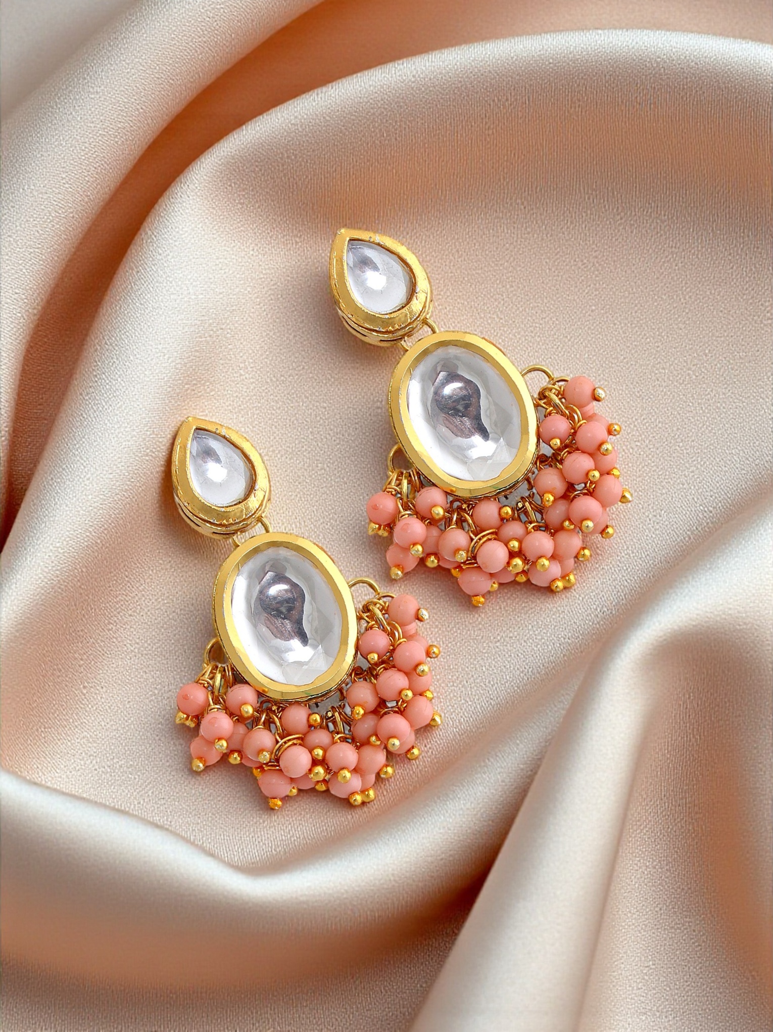 Peach Kundan Beaded Necklace Set