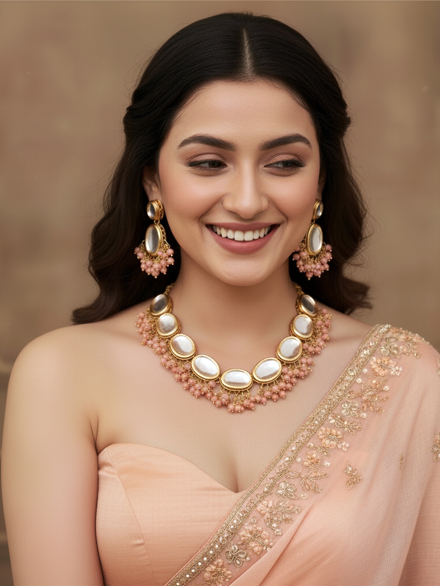 Peach Kundan Beaded Necklace Set