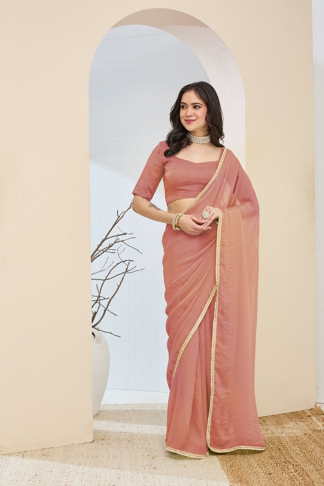 Peach Lace Silk Blend Designer Ready To Wear Saree