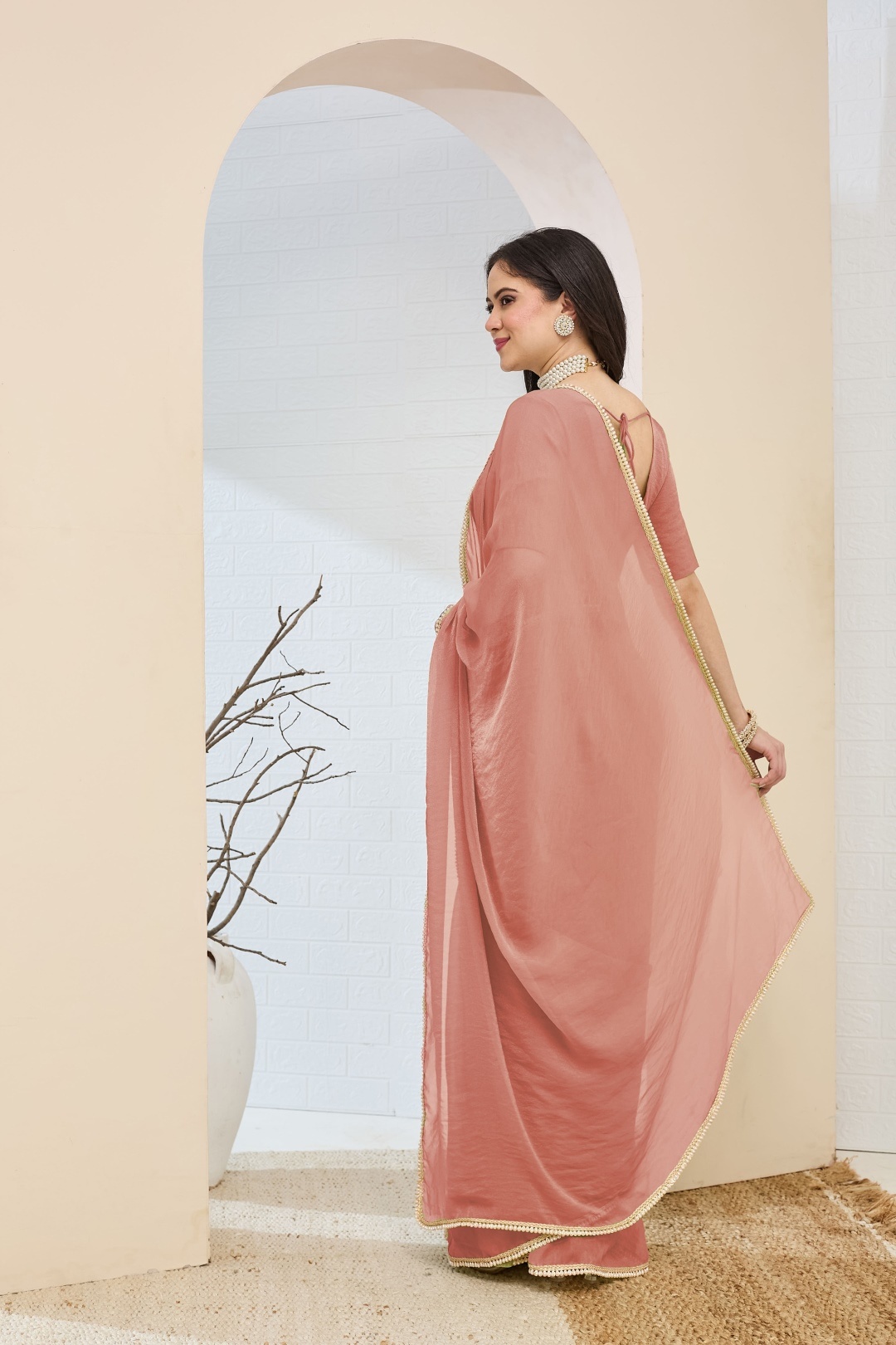 Peach Lace Silk Blend Designer Ready To Wear Saree — alternate view
