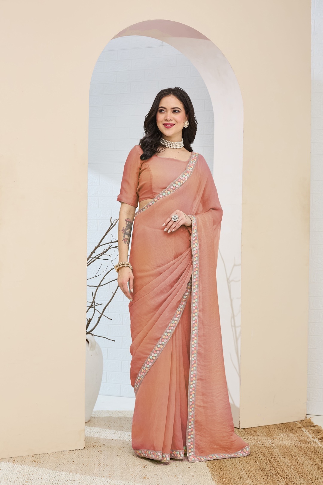 Peach Lace Silk Blend Ready To Wear Saree