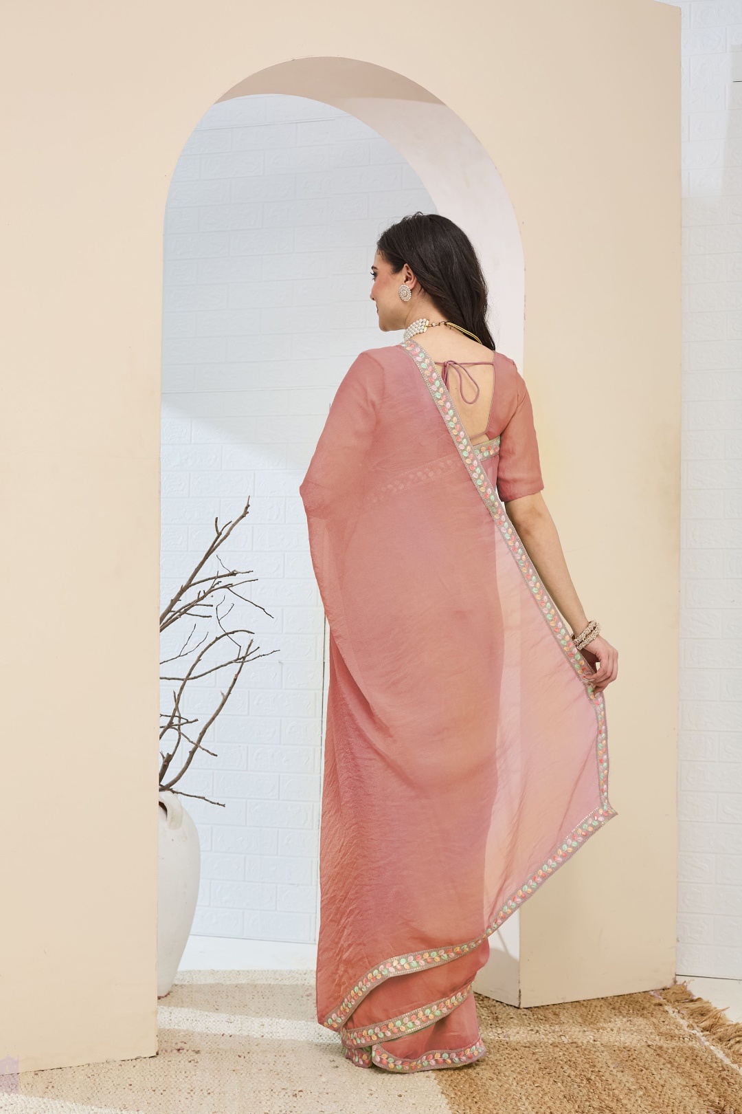 Peach Lace Silk Blend Ready To Wear Saree — alternate view