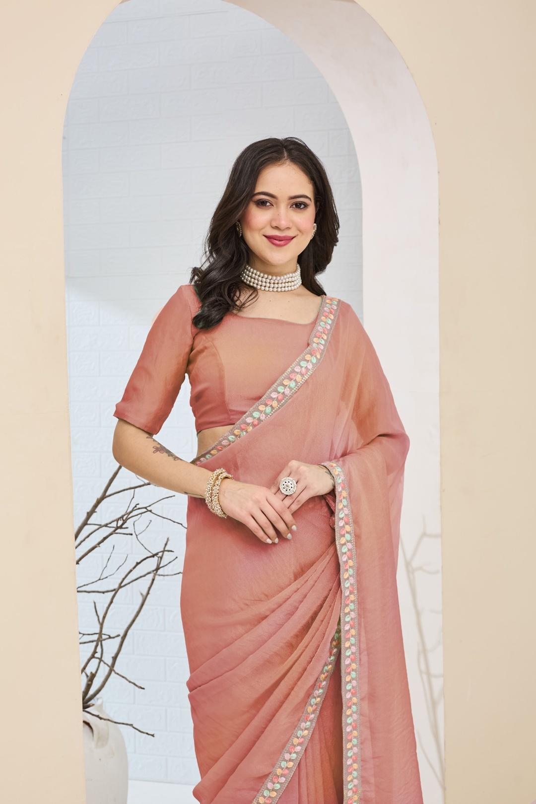 Peach Lace Silk Blend Ready To Wear Saree