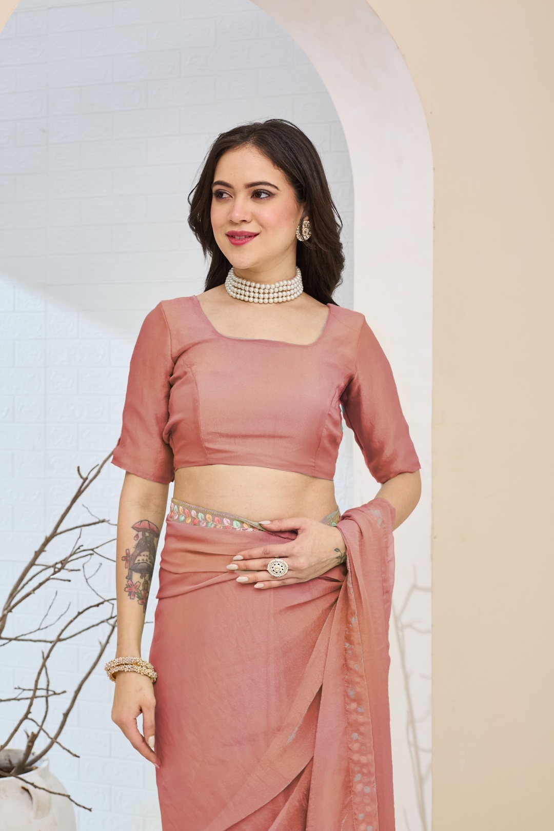Peach Lace Silk Blend Ready To Wear Saree