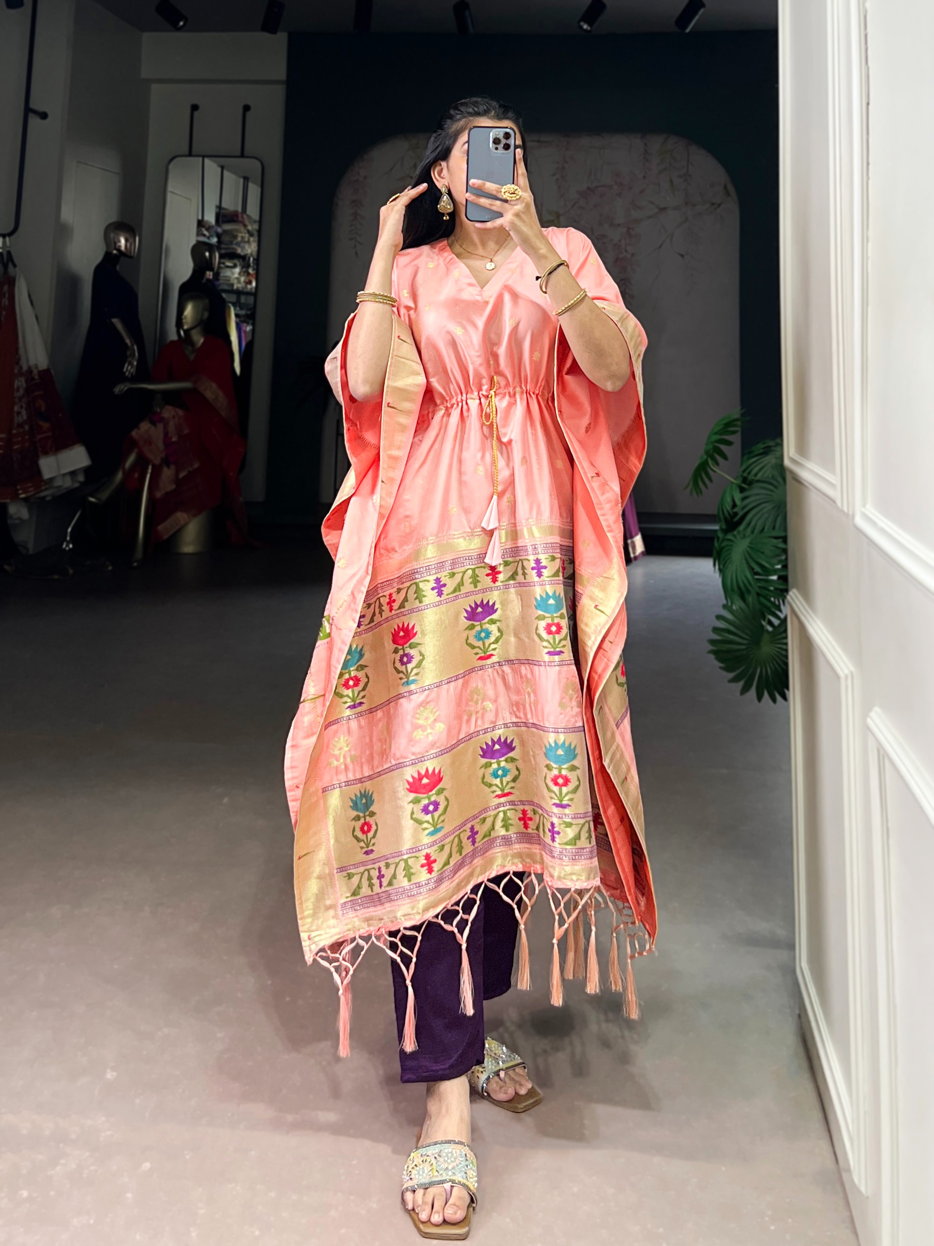 Peach Lotus Border Designer Soft Silk Kaftaan