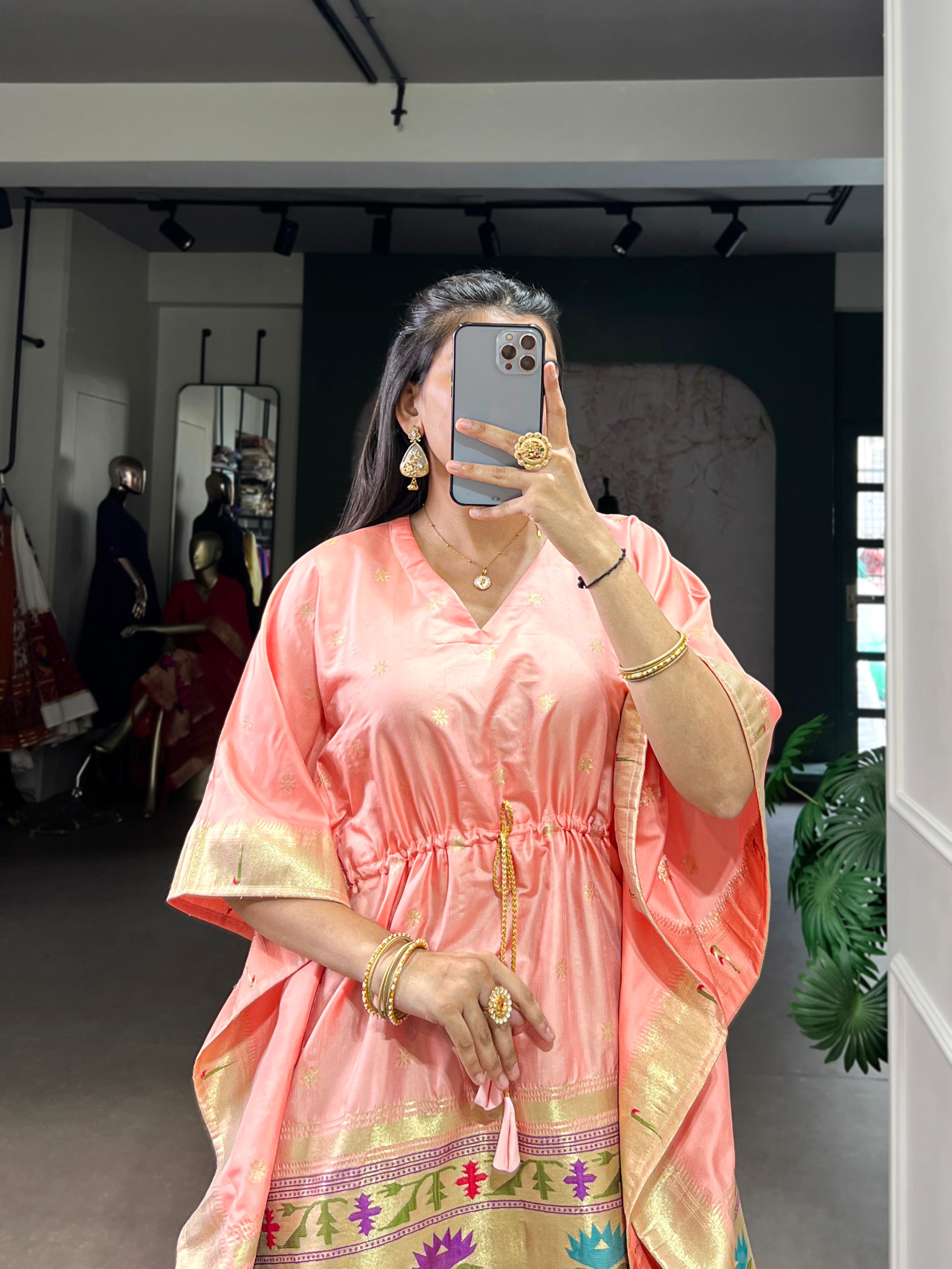 Peach Lotus Border Designer Soft Silk Kaftaan — alternate view