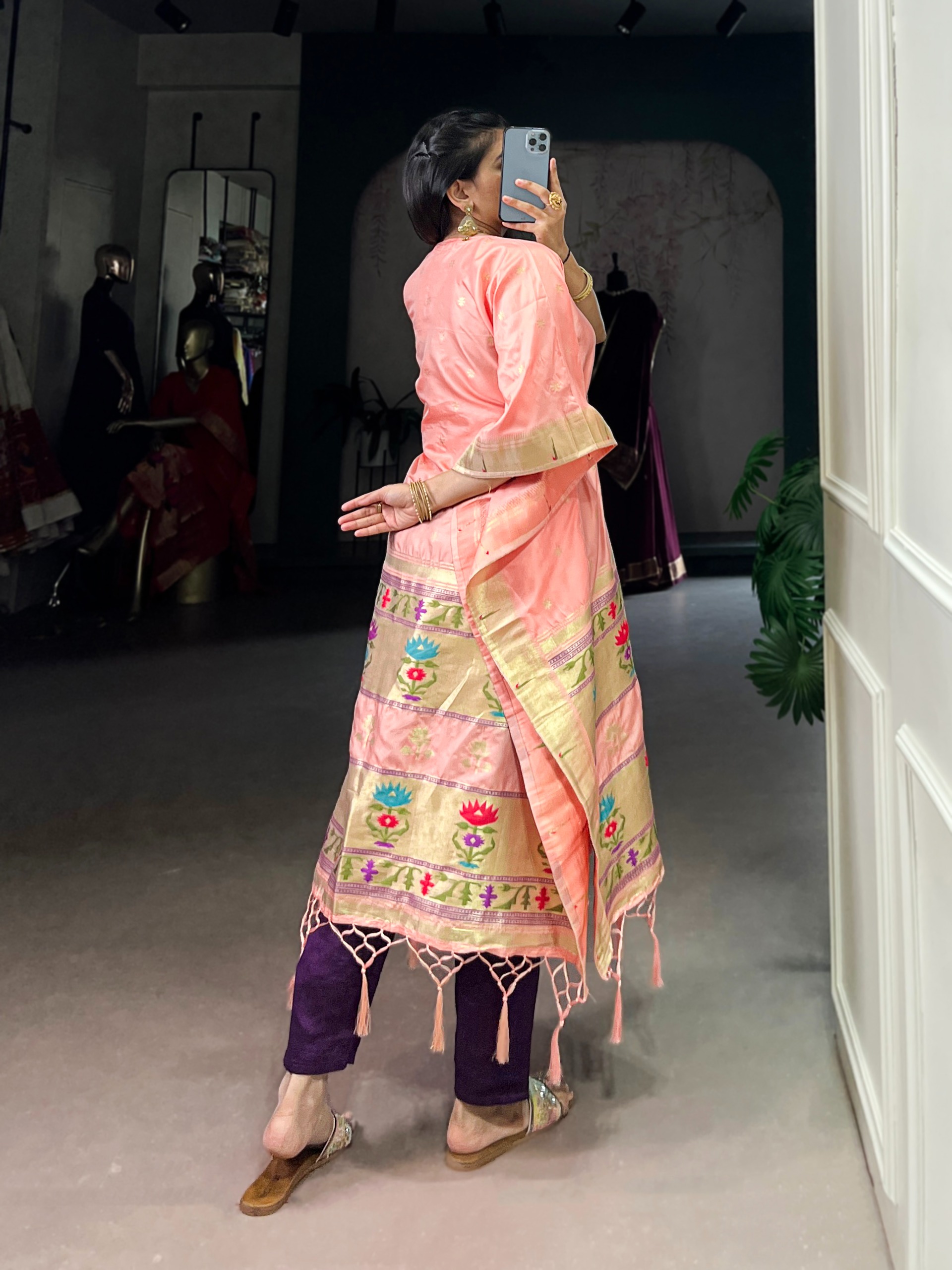 Peach Lotus Border Designer Soft Silk Kaftaan