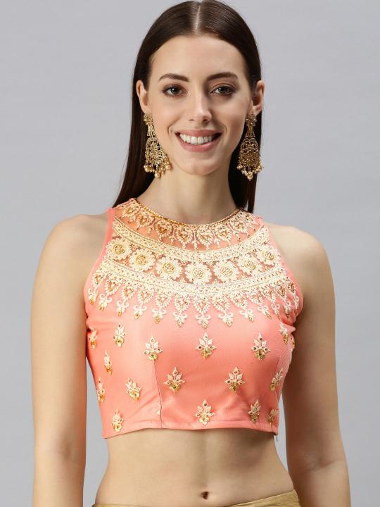 Peach Lycra N Net Readymade Blouse