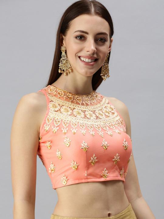 Peach Lycra N Net Readymade Blouse