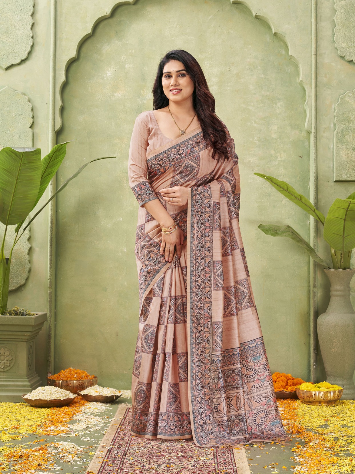 Peach Madhubani Printed Tussar Silk Saree