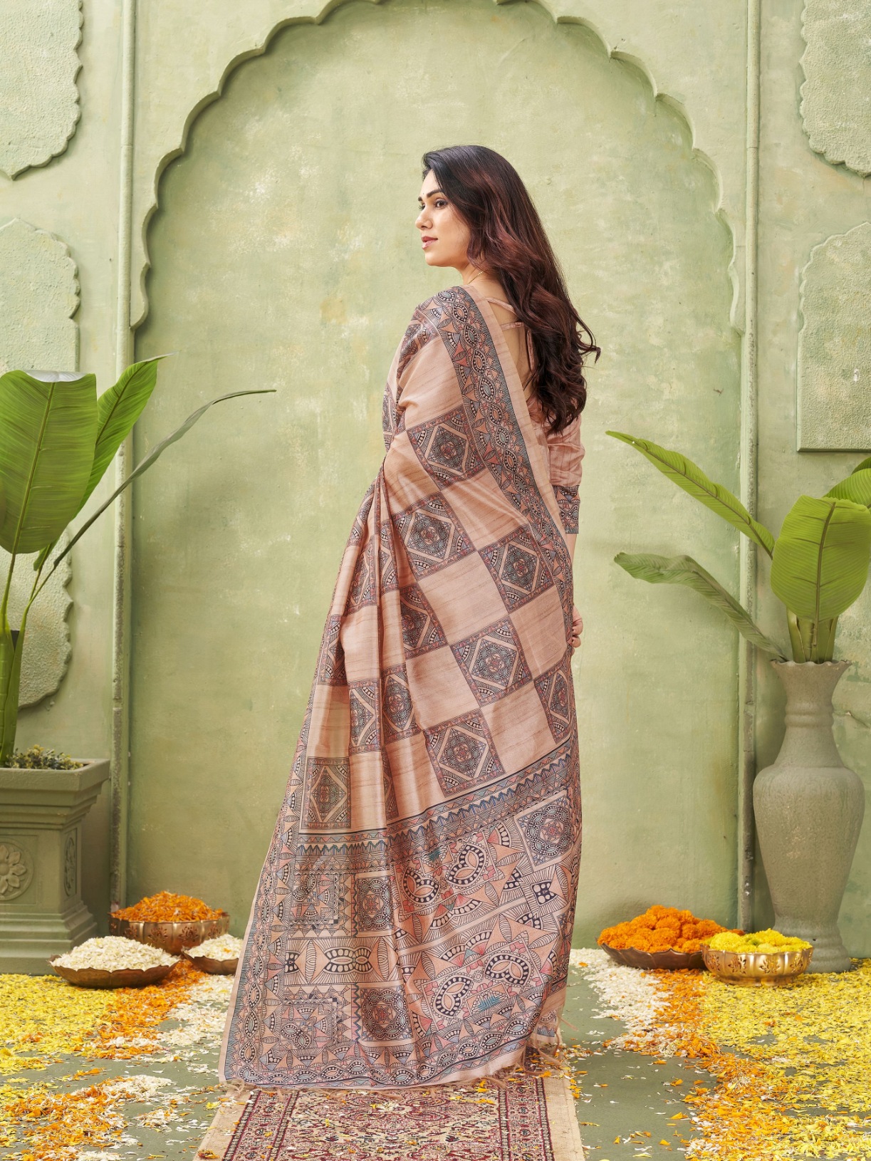 Peach Madhubani Printed Tussar Silk Saree — alternate view