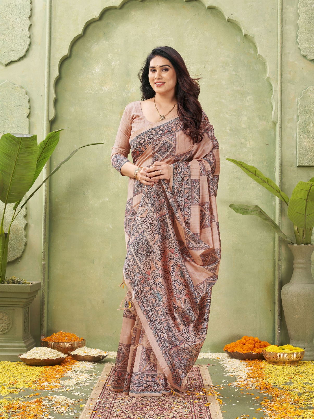 Peach Madhubani Printed Tussar Silk Saree