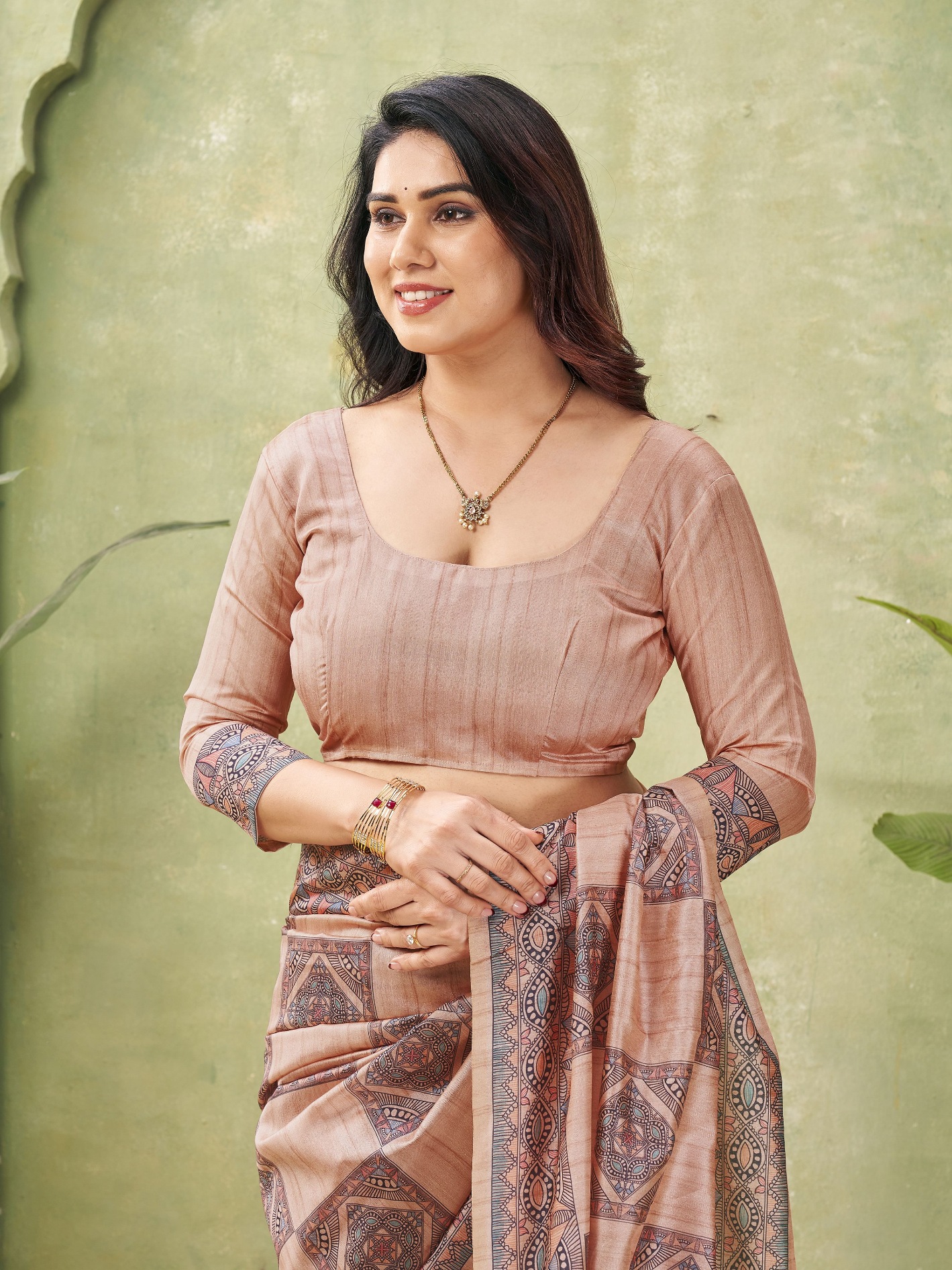 Peach Madhubani Printed Tussar Silk Saree