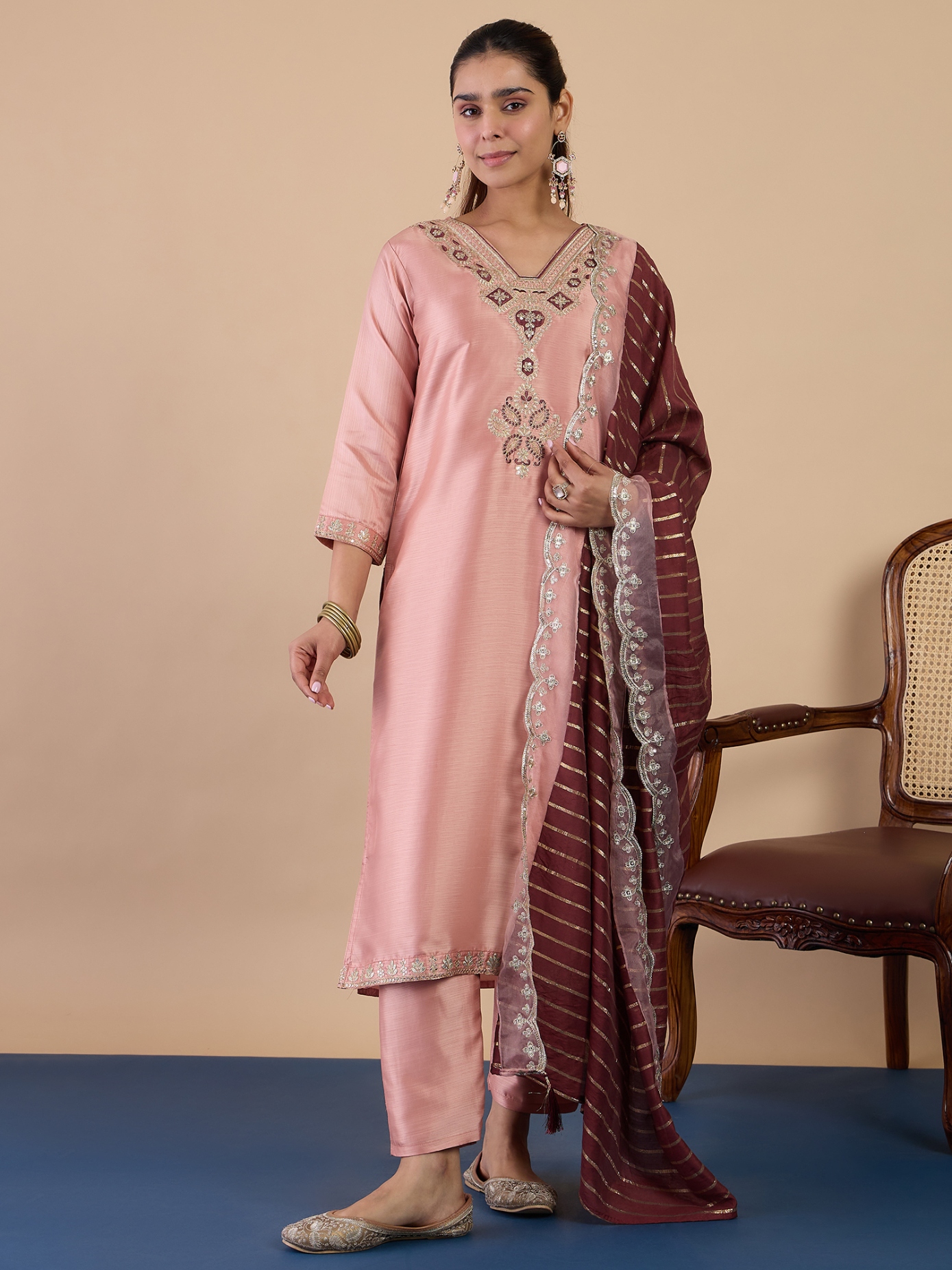 Peach Maroon Embroidered Silk Blend Straight Pant Suit