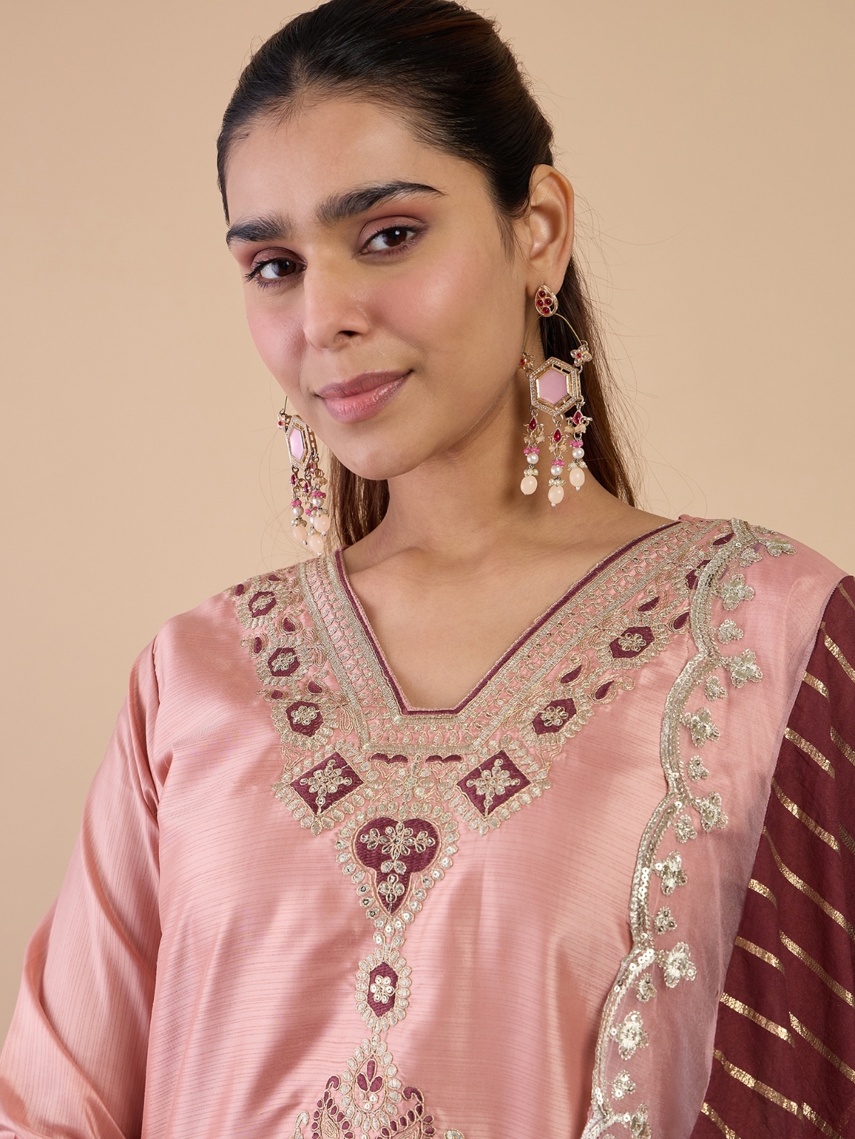 Peach Maroon Embroidered Silk Blend Straight Pant Suit