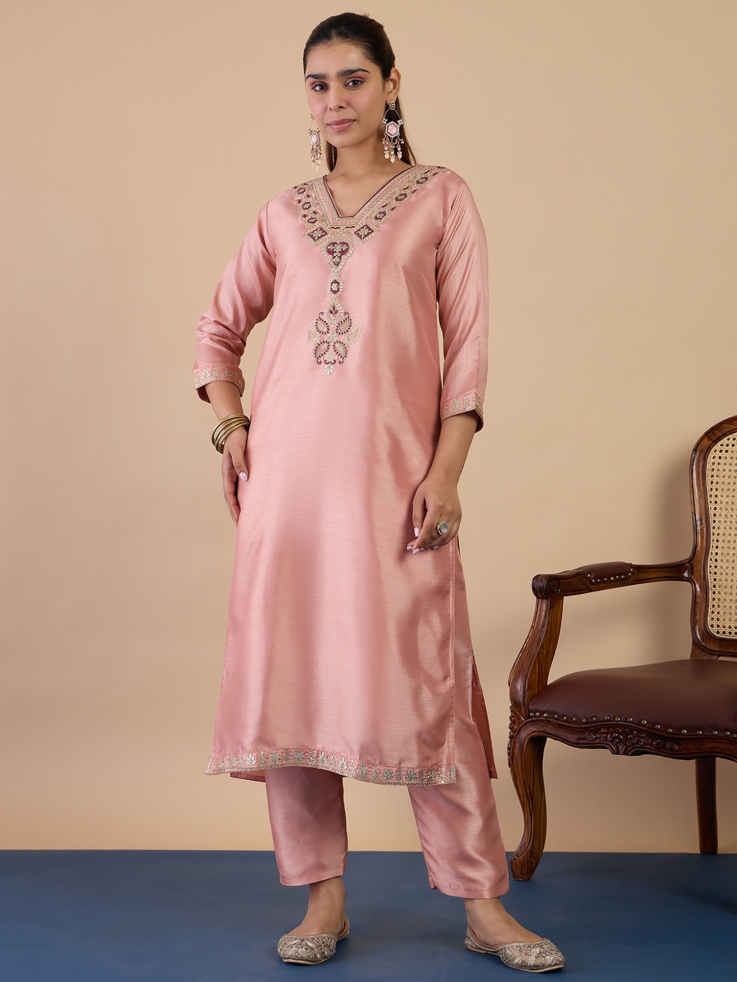 Peach Maroon Embroidered Silk Blend Straight Pant Suit