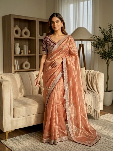 Peach Maroon Sequin Zari Embroidered Satin Saree