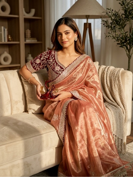 Peach Maroon Sequin Zari Embroidered Satin Saree — alternate view