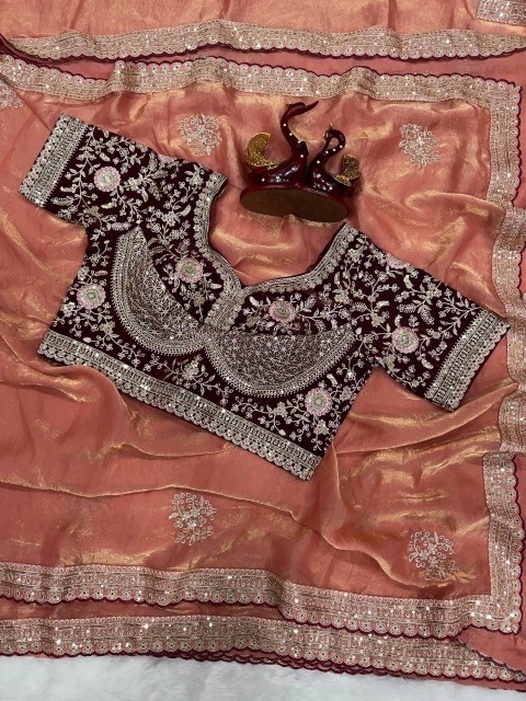Peach Maroon Sequin Zari Embroidered Satin Saree