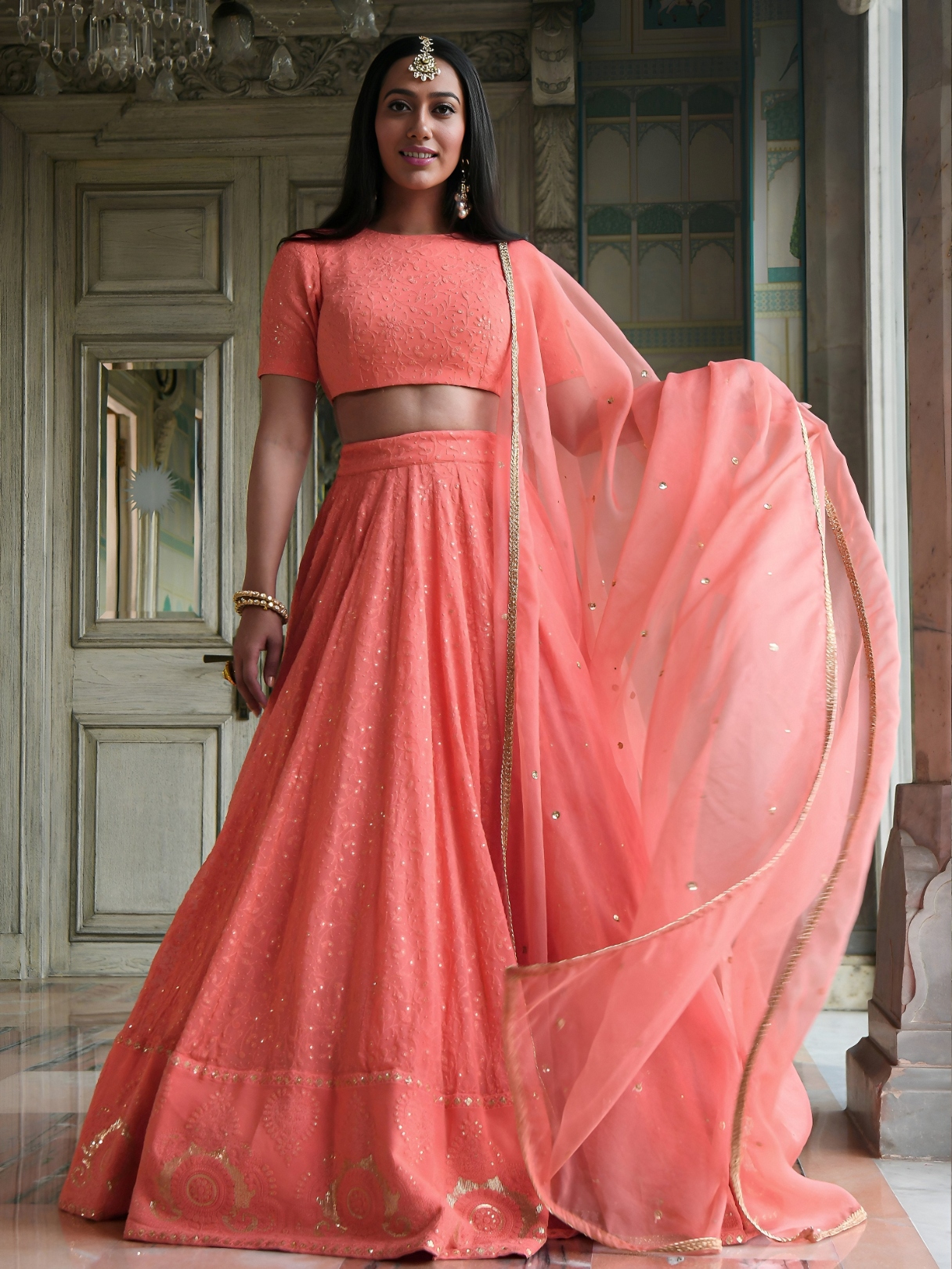 Peach Minimal Embroidery Georgette Lehenga Choli