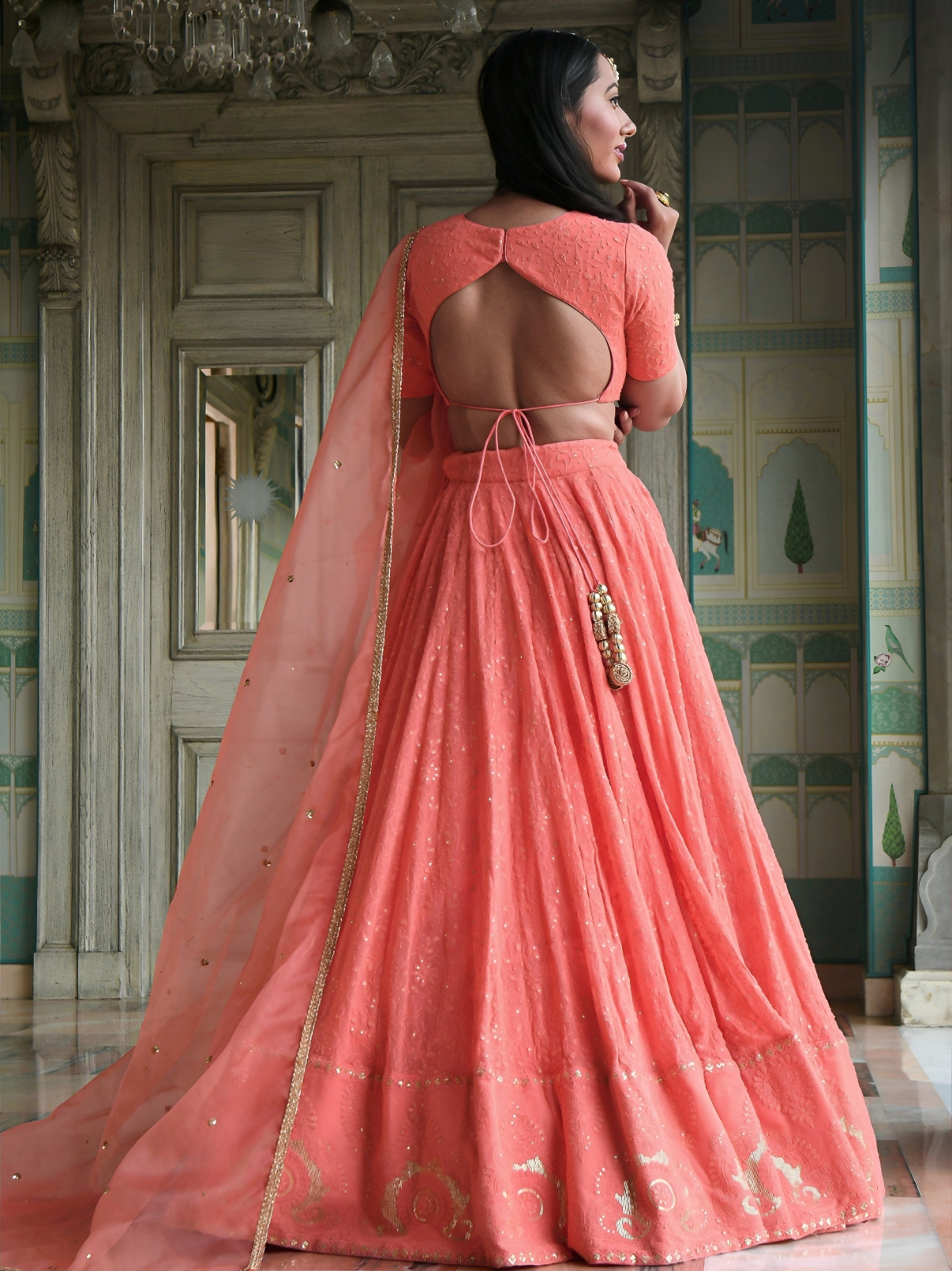 Peach Minimal Embroidery Georgette Lehenga Choli — alternate view