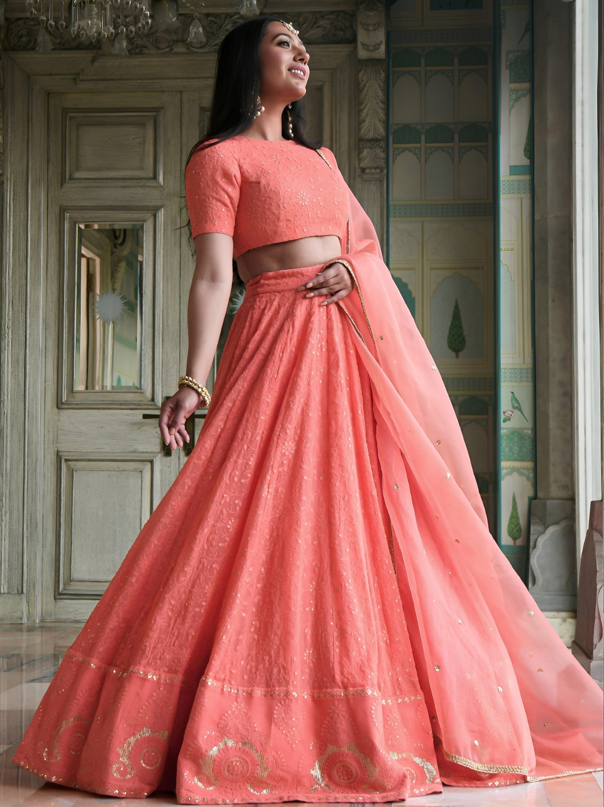 Peach Minimal Embroidery Georgette Lehenga Choli