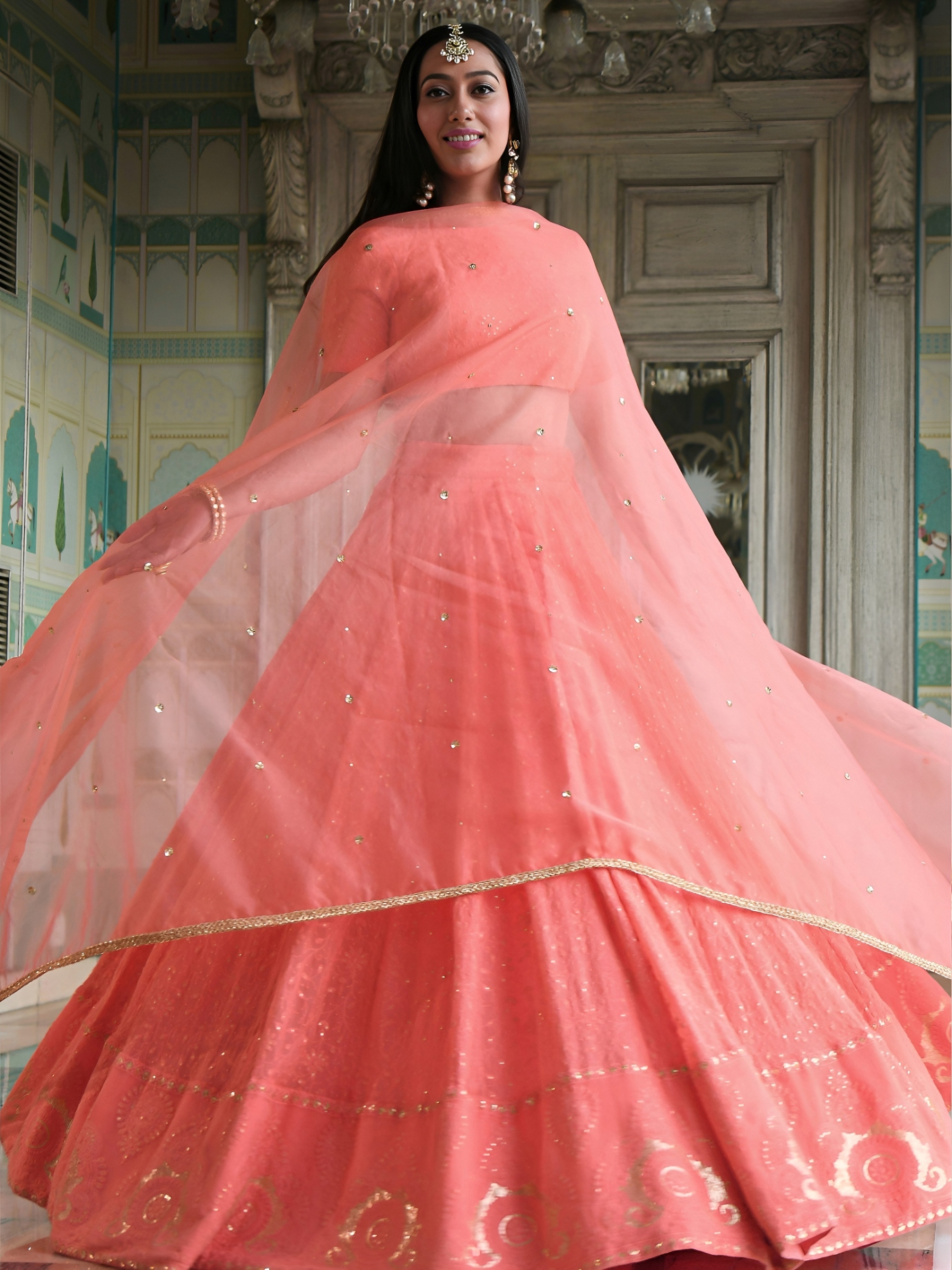 Peach Minimal Embroidery Georgette Lehenga Choli