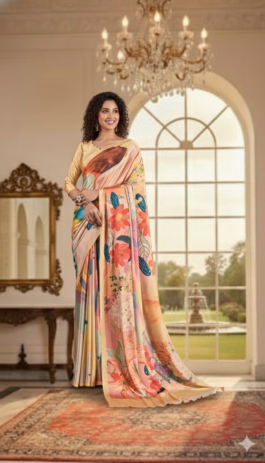 Peach-Multi Digital Printed Crepe Silk Saree