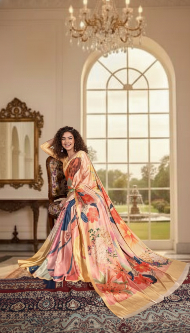 Peach-Multi Digital Printed Crepe Silk Saree