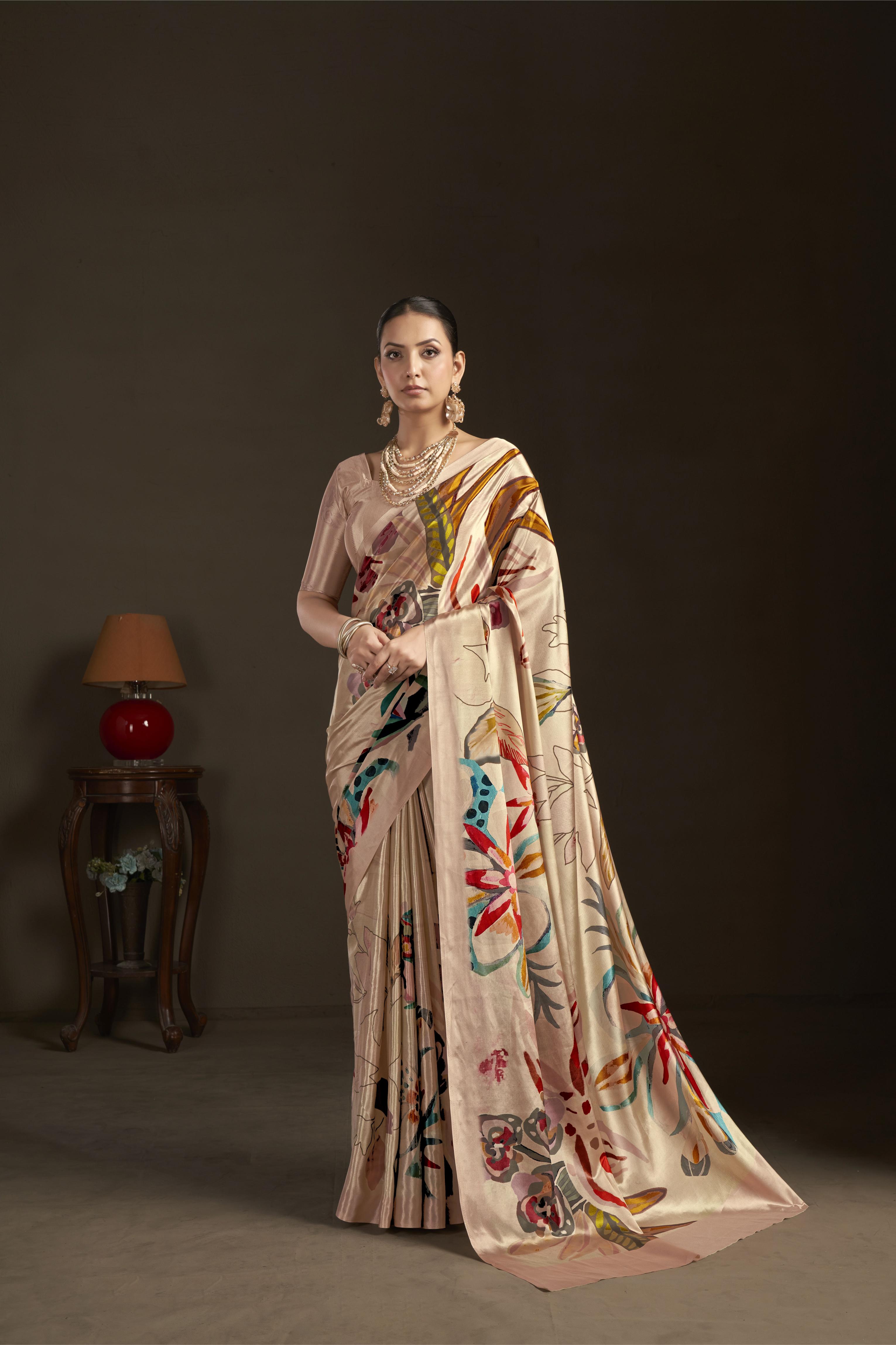 Peach Multicolor Floral Digital Printed Silk Crepe Ready-to-Wear Saree