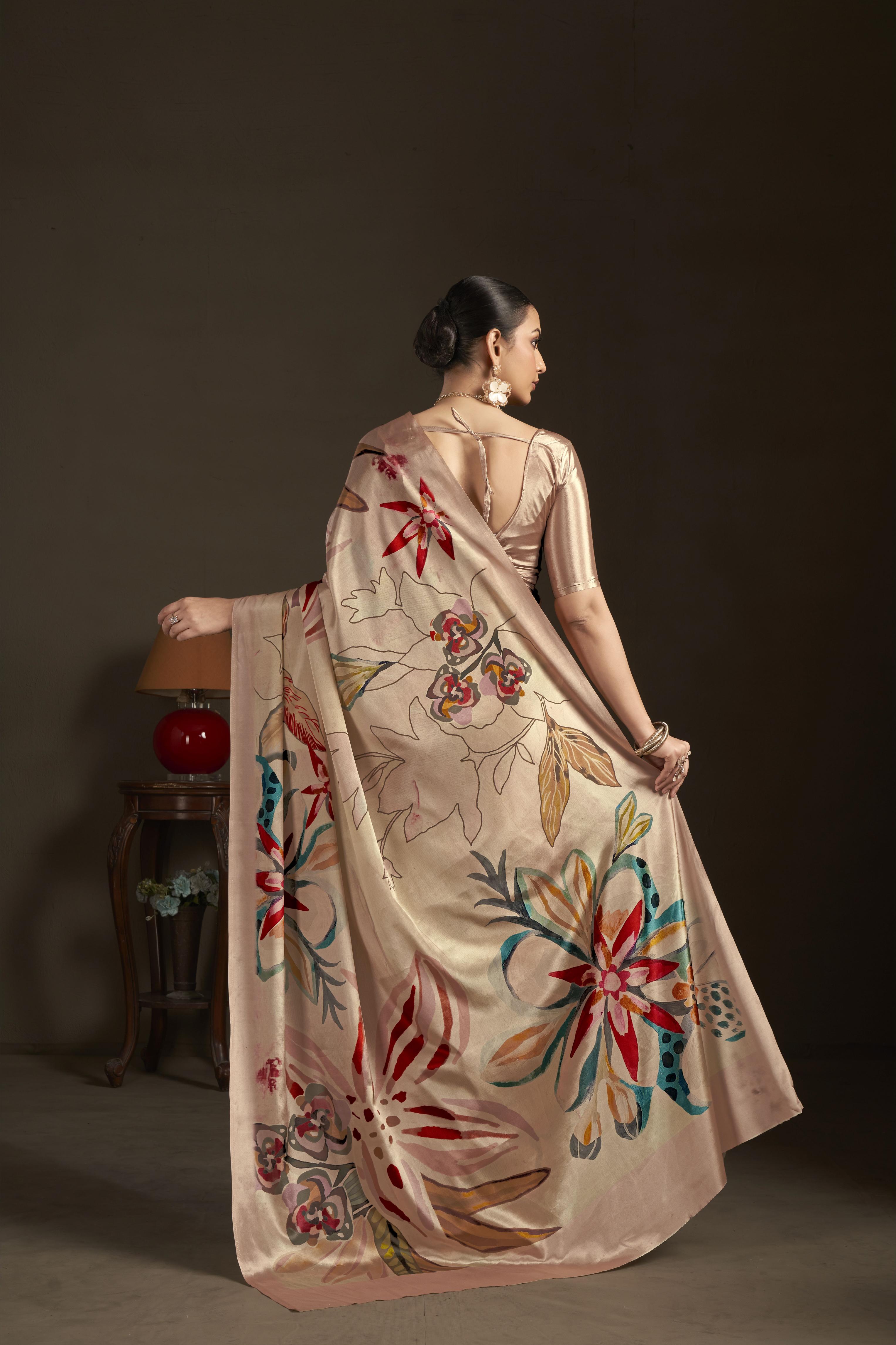 Peach Multicolor Floral Digital Printed Silk Crepe Ready-to-Wear Saree — alternate view