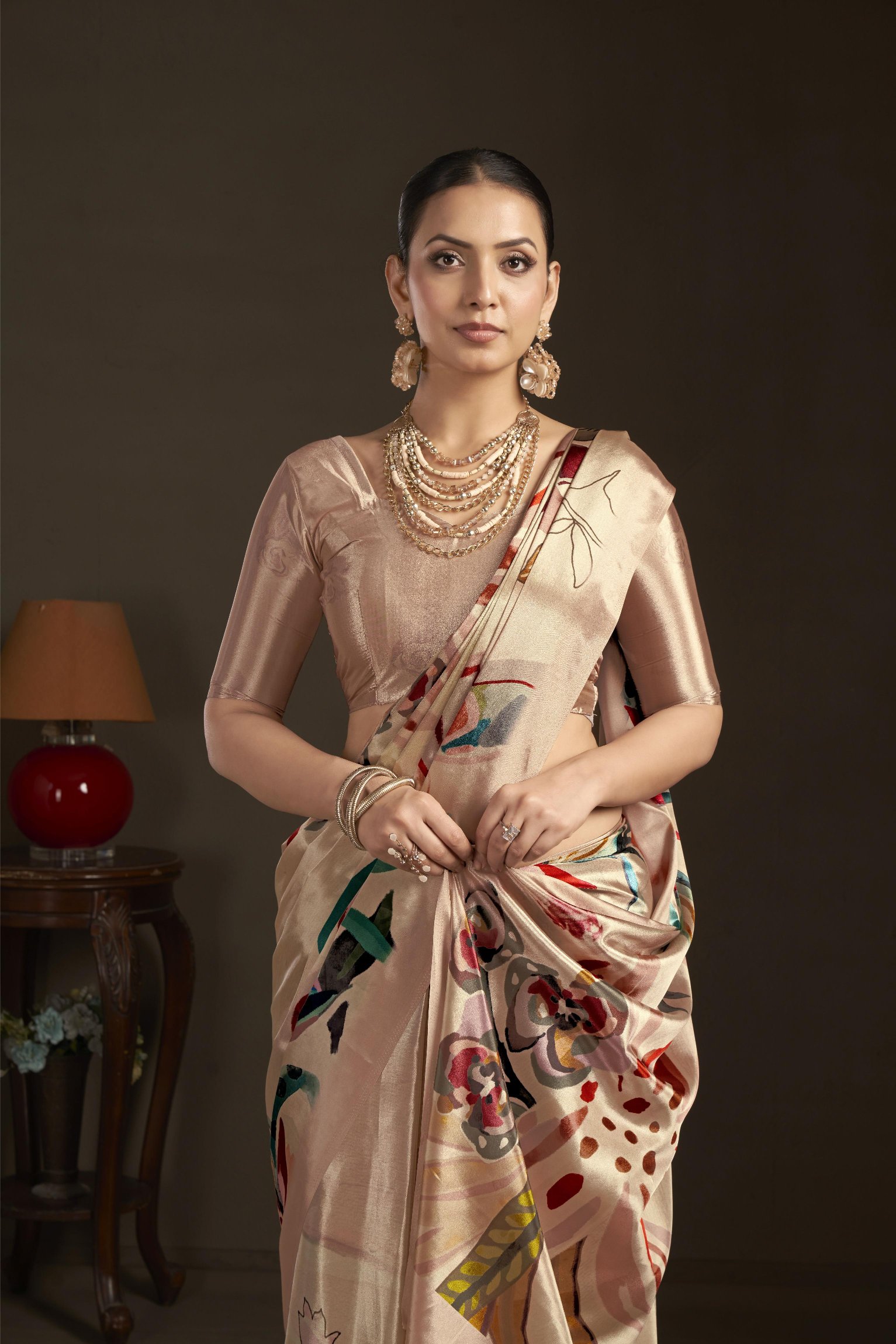 Peach Multicolor Floral Digital Printed Silk Crepe Ready-to-Wear Saree
