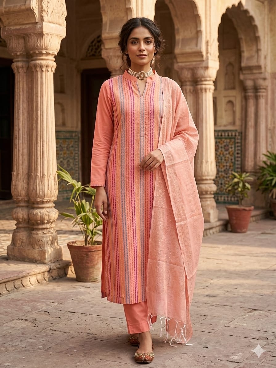 Peach Multicolor Weaving Cotton Straight Salwar Suit