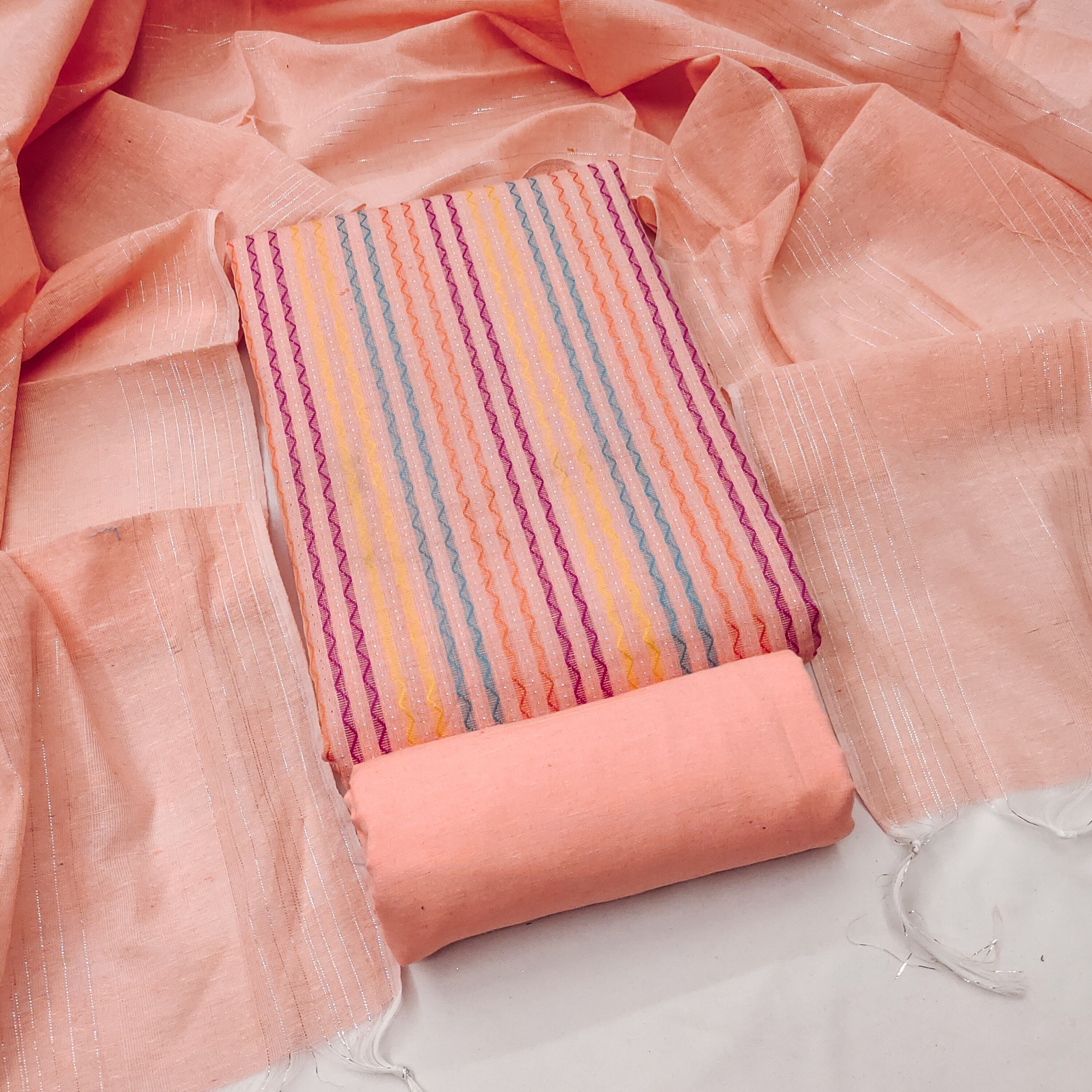 Peach Multicolor Weaving Cotton Straight Salwar Suit — alternate view
