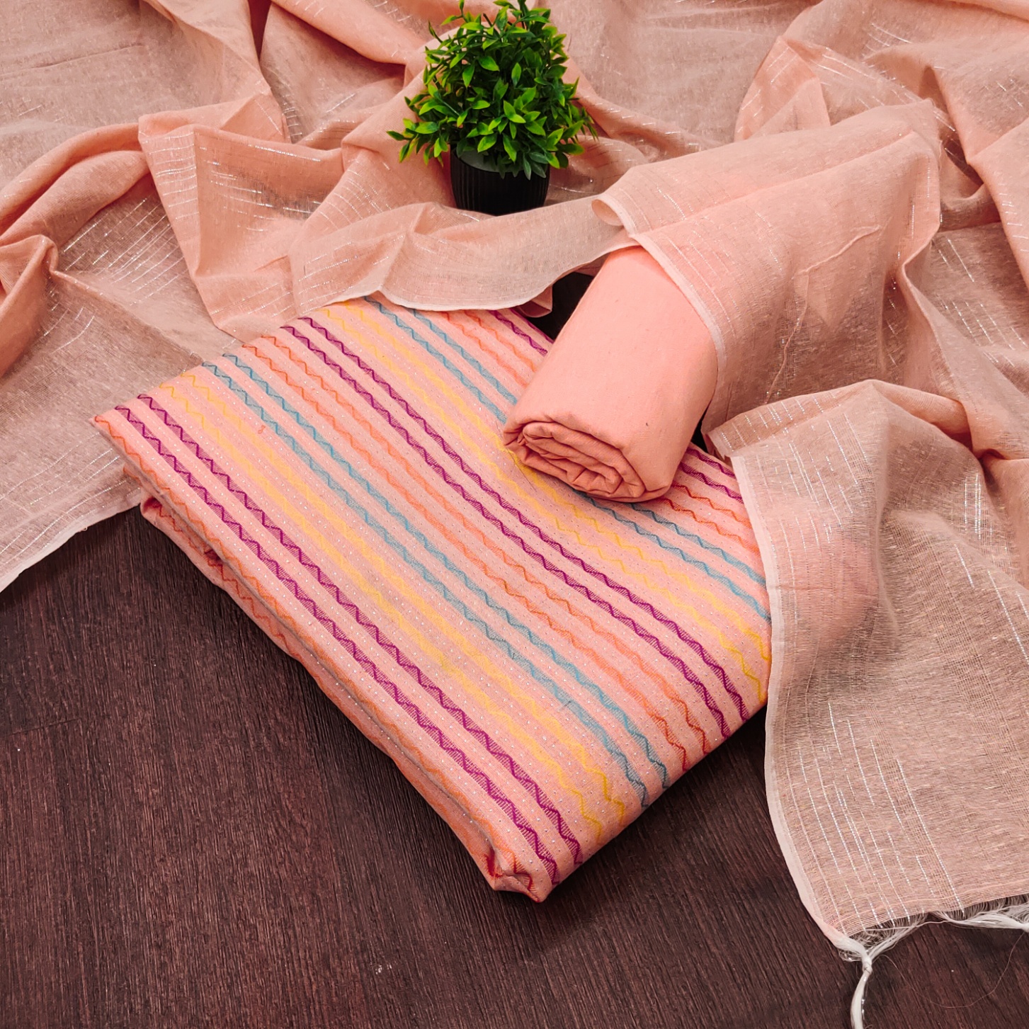 Peach Multicolor Weaving Cotton Straight Salwar Suit