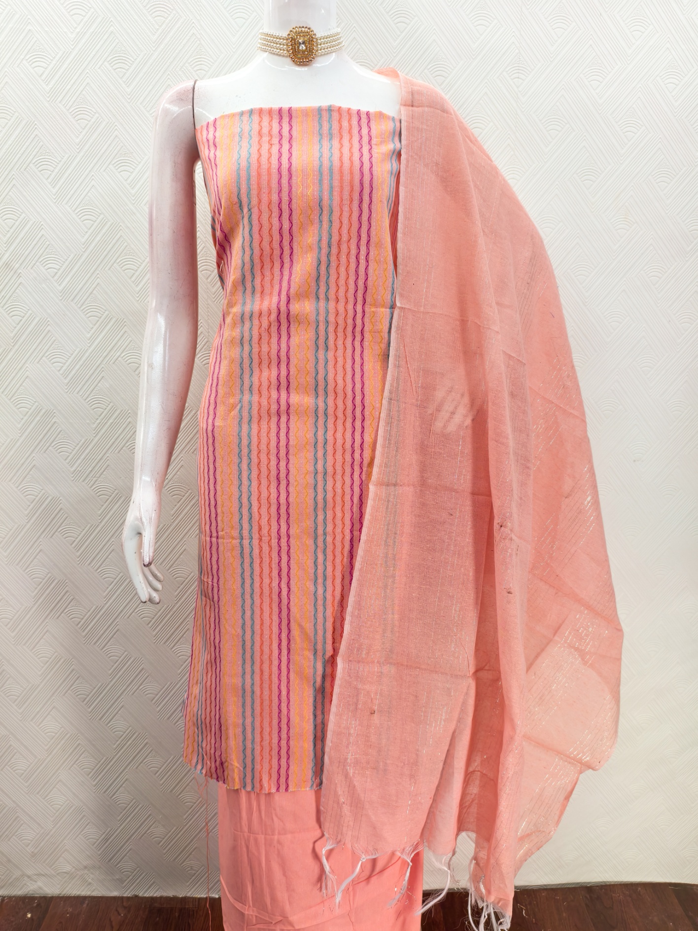 Peach Multicolor Weaving Cotton Straight Salwar Suit