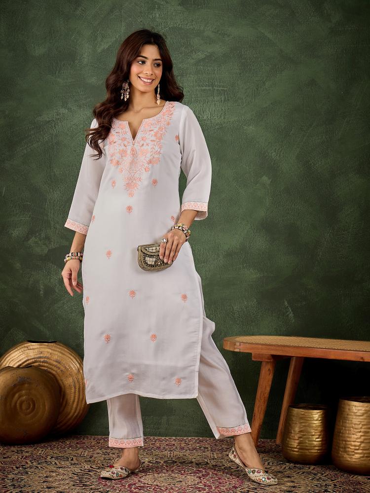Peach N Off White Roman Silk Kurti