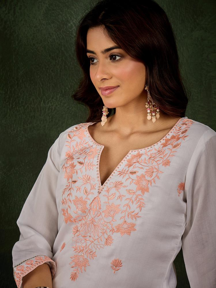 Peach N Off White Roman Silk Kurti — alternate view