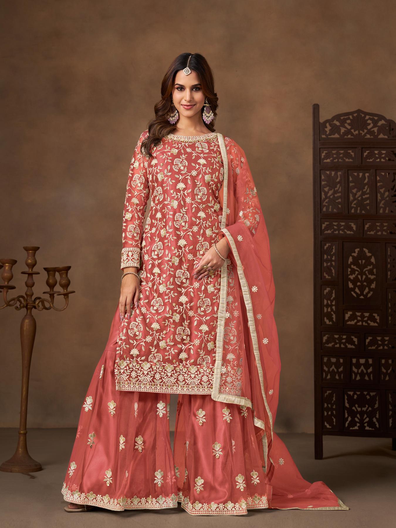 Peach Net Designer Embroidery Palazzo Suit