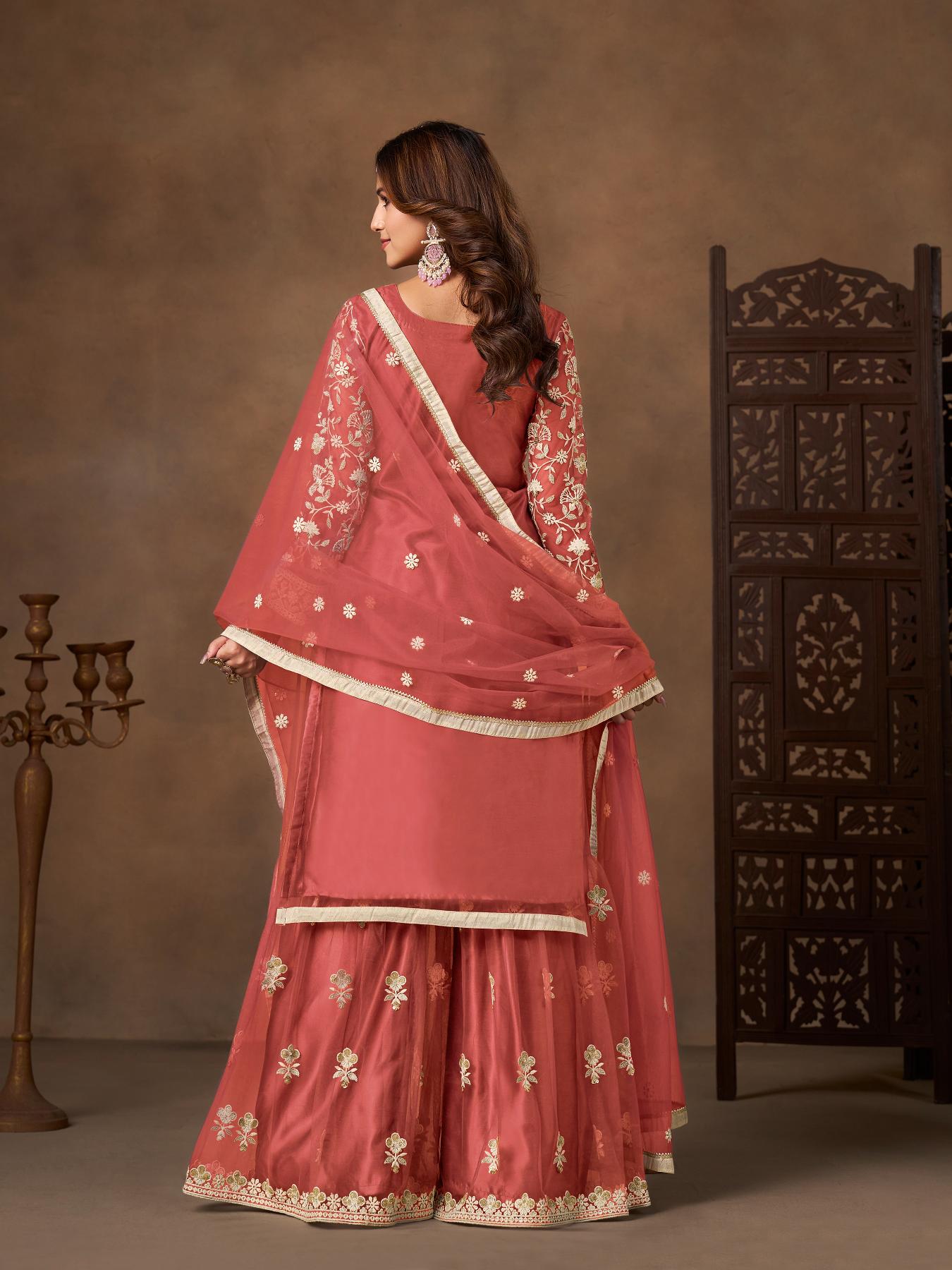 Peach Net Designer Embroidery Palazzo Suit — alternate view
