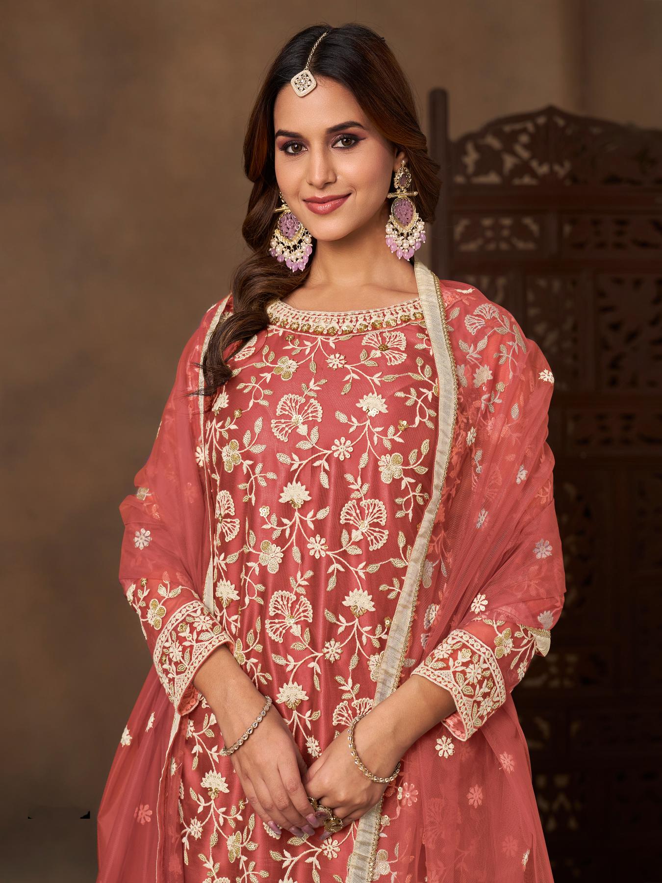 Peach Net Designer Embroidery Palazzo Suit