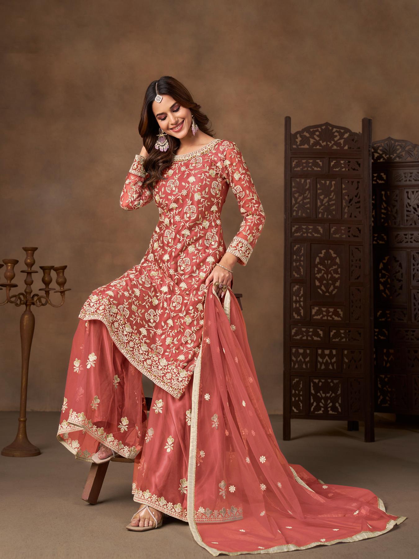 Peach Net Designer Embroidery Palazzo Suit
